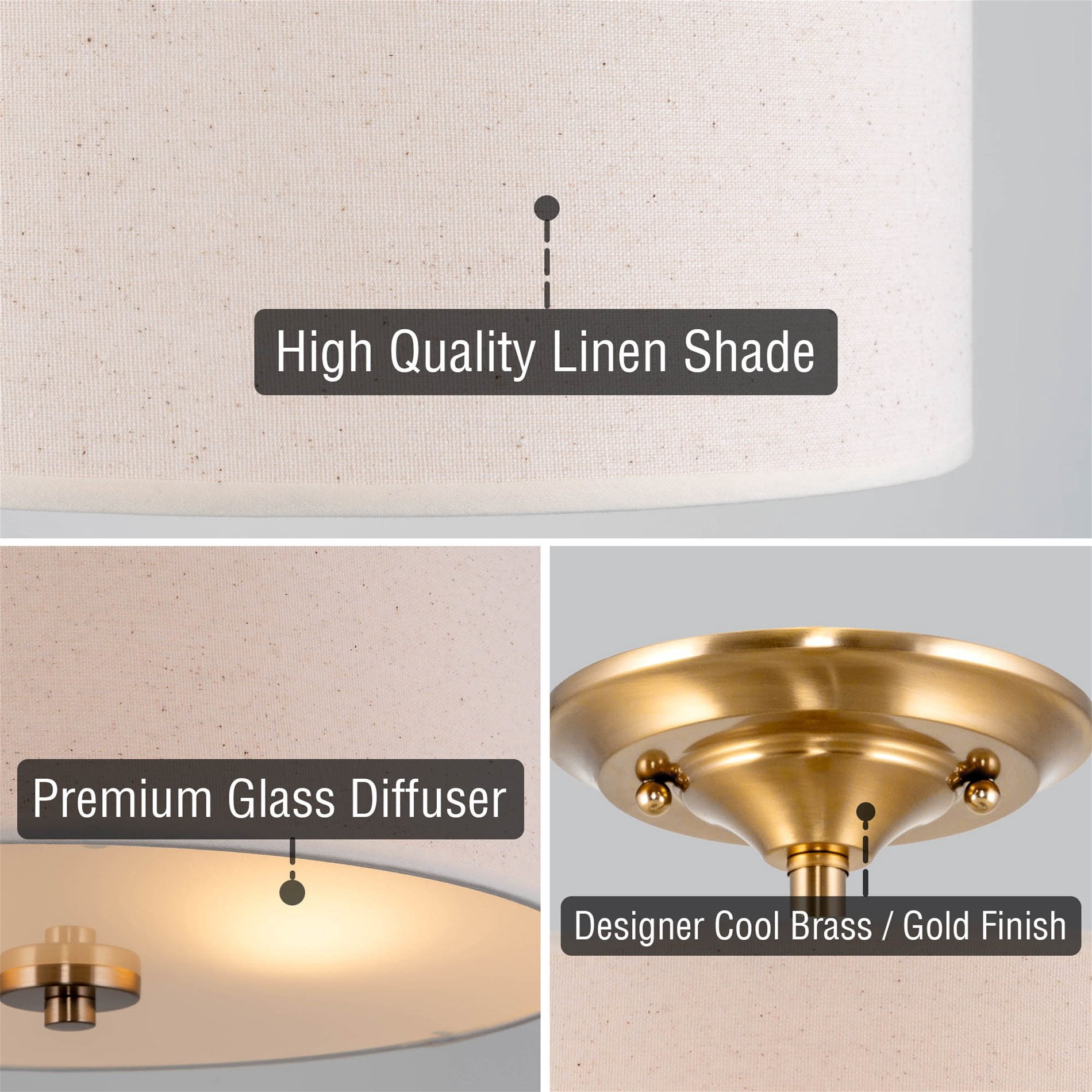Kira Home Addison 13" Modern Drum Semi Flush Mount with Off-White Fabric Drum Shade, 2-Light Ceiling Light, Cool Brass