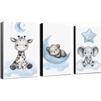 Canvas Poster Children's Room Wall Painting Set Watercolor Animal Theme Giraffe Bear Elephant Illustration Dream Sky Baby Room Decoration Three-piece Set Artwork Baby Space