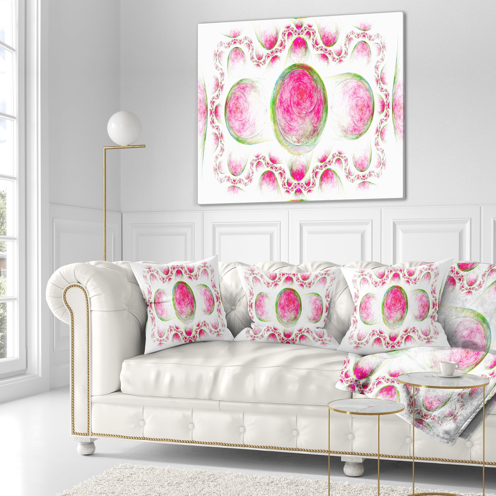 Designart Pink Exotic Pattern on White - Abstract Throw Pillow - 18x18