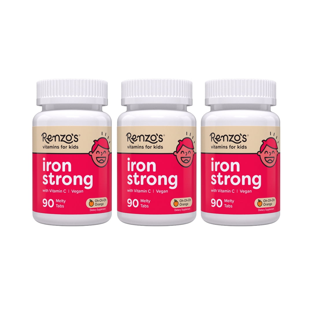 (3 pack) Renzo’s Iron with Vitamin C for Kids, Sugar-Free, Vegan Melty Tabs, Immune Support, 90 Tablets