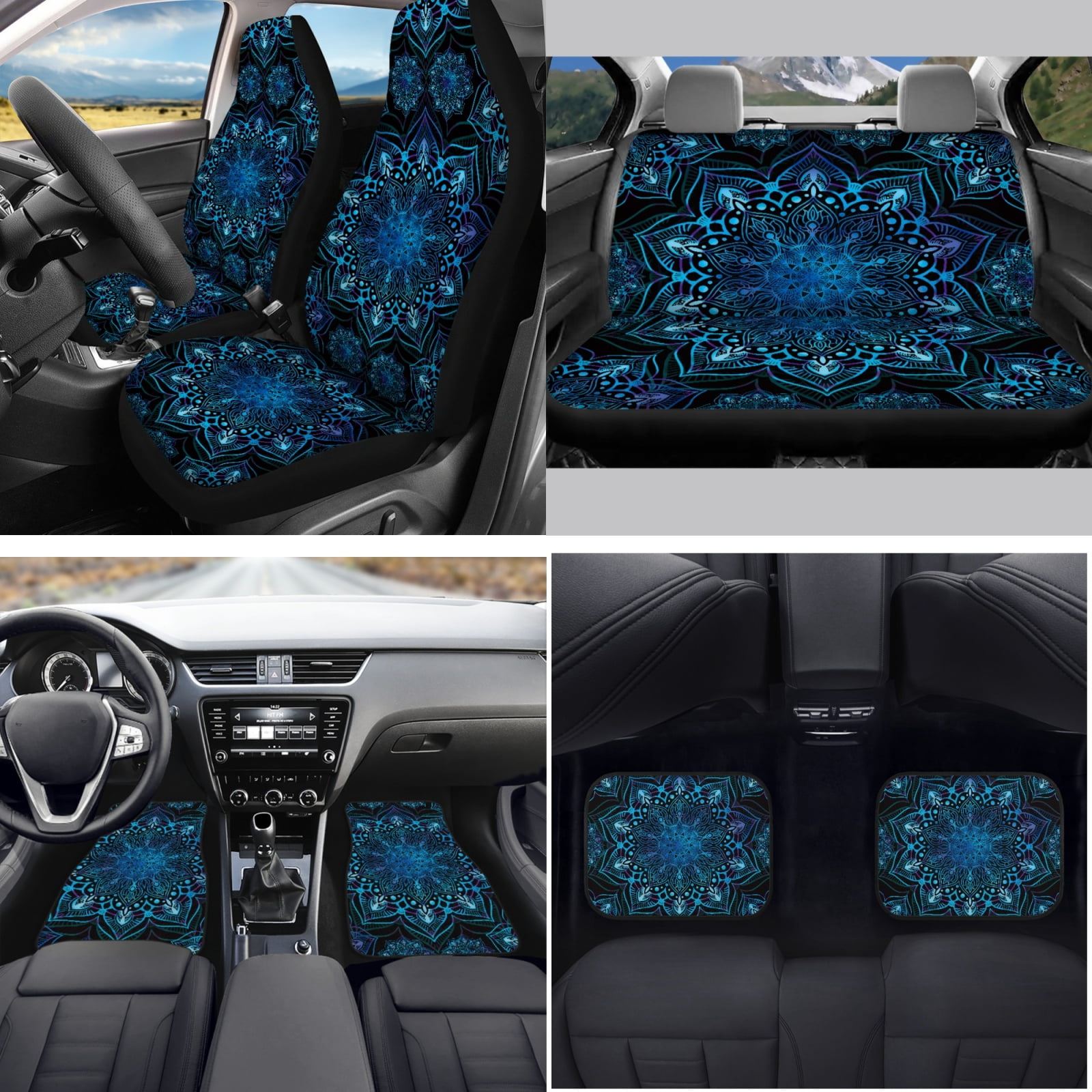 Yuyamidu Blue Front Back Car Seat Covers Full Set of 15 Boho Flower Blossom Car Floor Mats Steering Wheel Cover Seat Belt Cover Gear Shift Knob Cover Handbrake Cover Coasters Auto Accessories