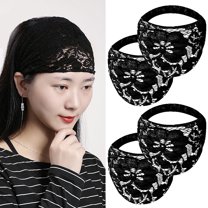4 PCS Lace Headbands for Women, Wide Headbands for Women Head Wraps, Floral Pearl Lace Elastic Headbands Hair Accessories for Weddings, Vacations & Daily Styling, Black