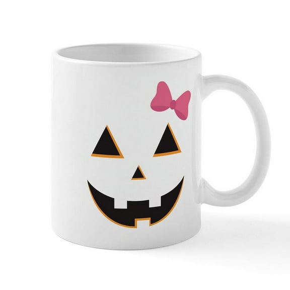 CafePress - Pumpkin Face Pink Bow Mug - 11 oz Ceramic Mug - Novelty Coffee Tea Cup