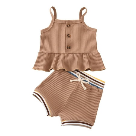 

Infant Baby Girls Summer Solid Color Pit Strap Skirt Top Stripe Shorts Suit Fashion Children s Suit