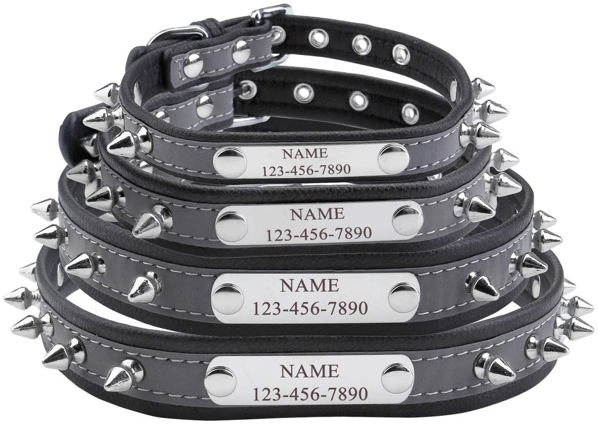 with Matte Black Spikes 4 Lines of Text Personalized Studded Gray Leather Dog Collar ID Tag Nameplate