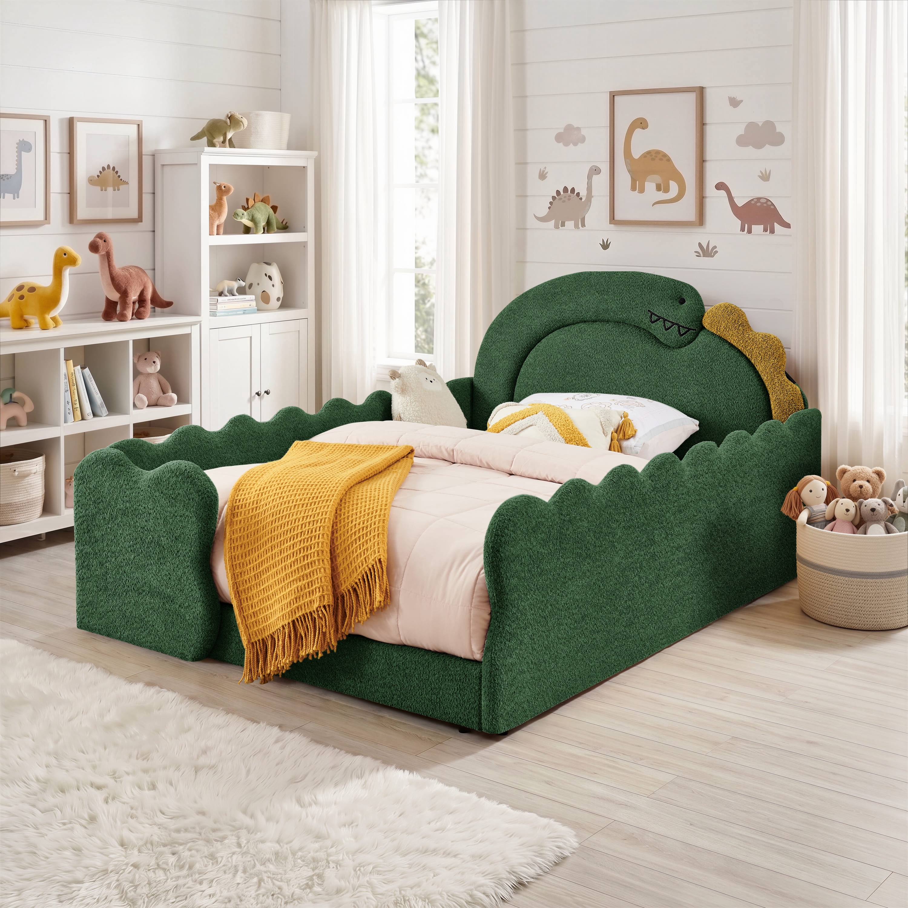 Wakefit Full Size Dinosaur Bed for Kids with Safety Guardrails,Boucle Upholstered Platform Bed Frame with 3D Dinosaur Headboard,Floor Bed for Boys & Girls,No Box Spring Needed,Green