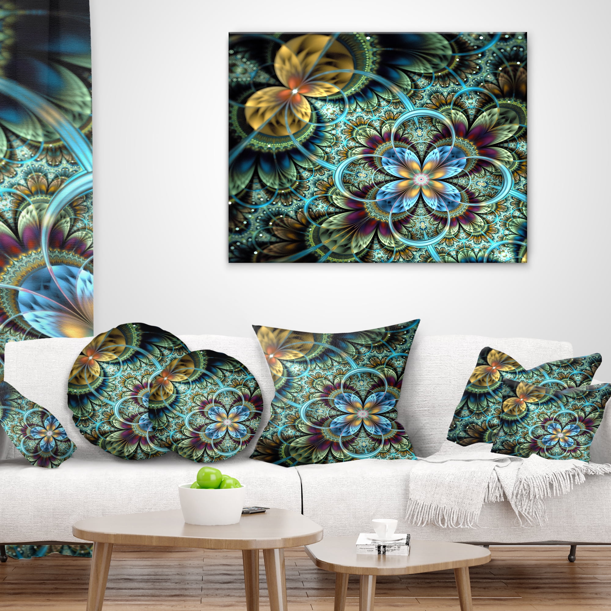 Designart Fractal Dark Orange Blue Flowers - Floral Throw Pillow - 12x20