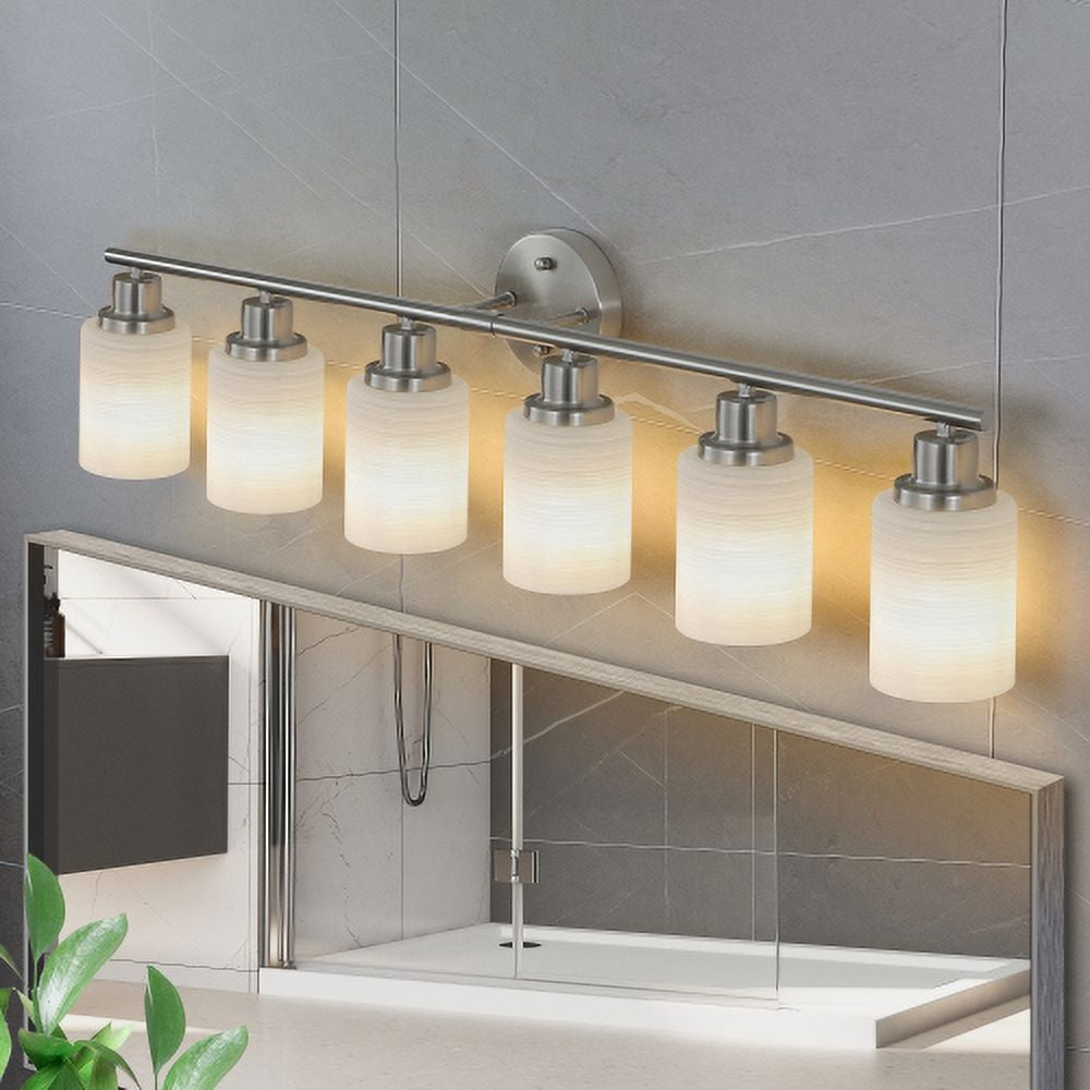 ACE-LIGHTS,Modern 6-Lights Vanity Bathroom Mirror Light with Frosted White Glass(Bulbs Not Included),Contemporary Wall Sconce for Bathroom,Dressing Room,Bedroom,Living Room(Brushed Nickel)