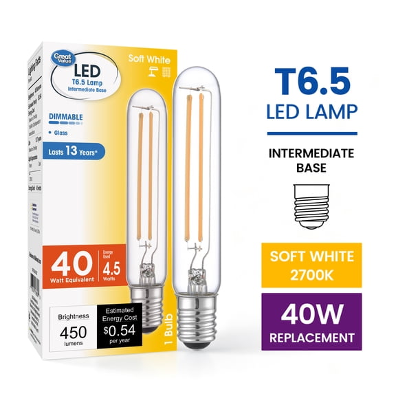 Great Value LED T6.5 Tubular Bulb, 4.5W, 40W Equivalent, E17 Intermediate Base, Dimmable, Soft White, 1 Pack