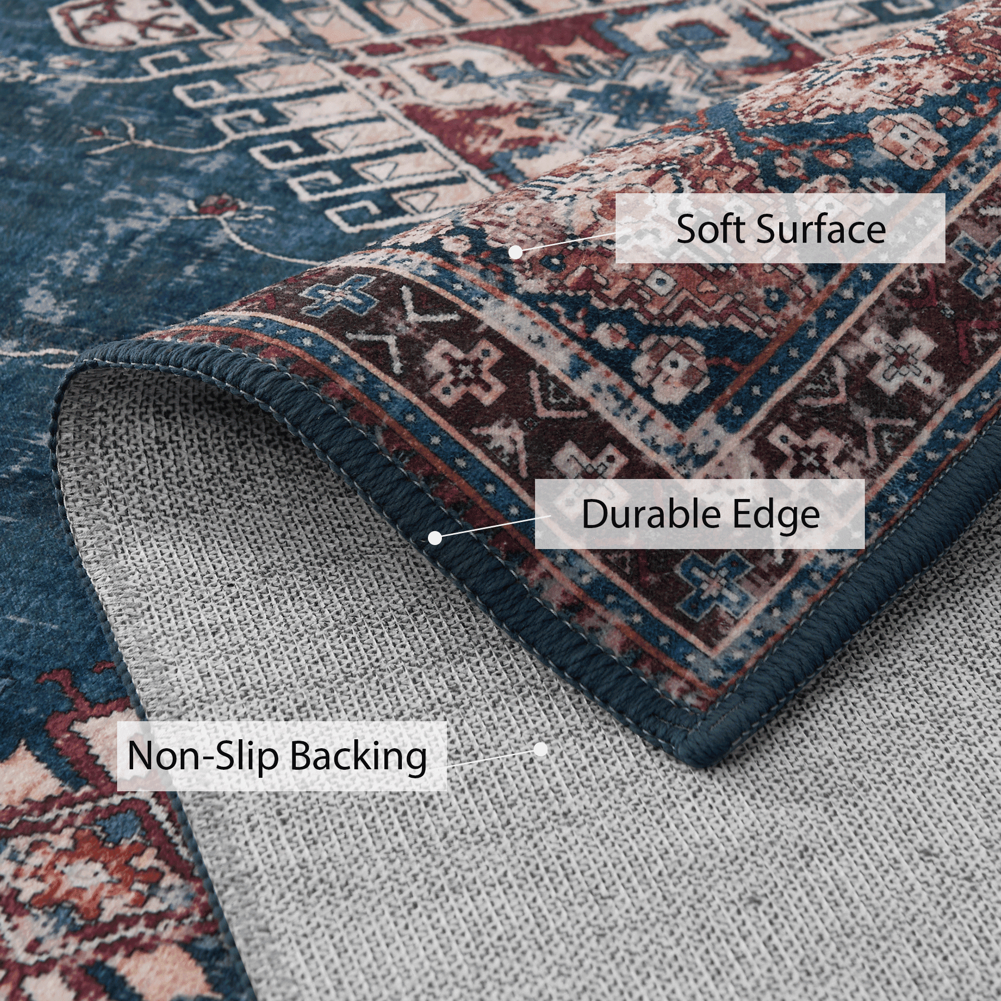 NICETOWN Area Rug 2'x3' Entryway Rug, Machine Washable Non-Slip Stain Resistant Floor Mat & Doormat Thin Foldable Floral Print Indoor Rug for Bedroom Bathroom, Dark Blue