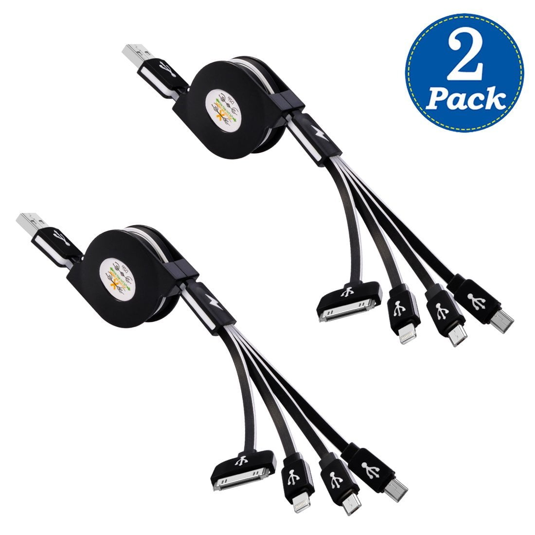 (2 Pack) USB Cable, Retractable 4 in 1 Multiple Charging Cable Adapter