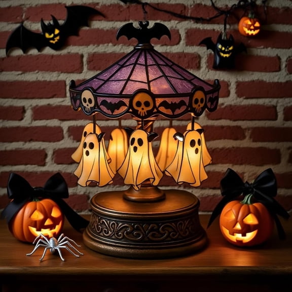 HaCpiu Halloween Ghost Carousel Night Light, Halloween Rotating Desktop Sculpture with LED Glow, Spooky Animated Tabletop Decoration for Indoor Holiday Accent