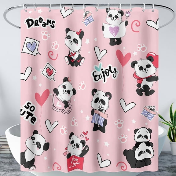 Cute Cartoon Panda Shower Curtain,Pink Kawaii Panda Kids Girls Bath Curtain,Funny Hearts Bear Decoration Waterproof Shower Curtain 72" W x 84" H,with 12 Plastic Hooks