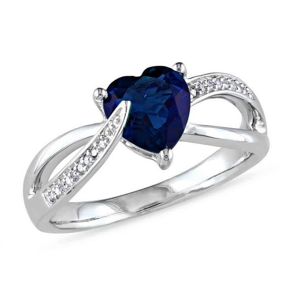 AMOUR Created Blue Sapphire and Diamond Heart Crossover Ring In Sterling Silver