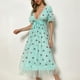 thumbnail image 1 of Puntoco Vestido De Manga Corta Con Cuello En V, Vestido Largo De Manga Corta Con Cuello En V Para Mujer, Bordado De Lentejuelas, Vestido De Malla Con Cintura Con Cordones Francés, Azul Claro M, 1 of 9