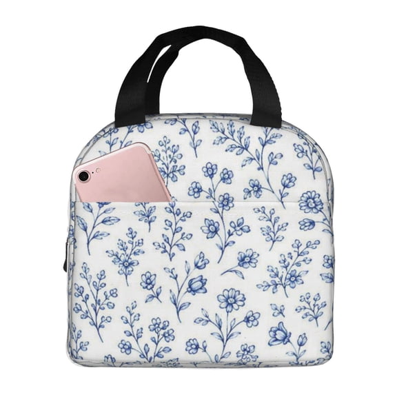 Blue White Floral Lunch Bag Reusable Thermal Lunch Box with Handle for Women and Men