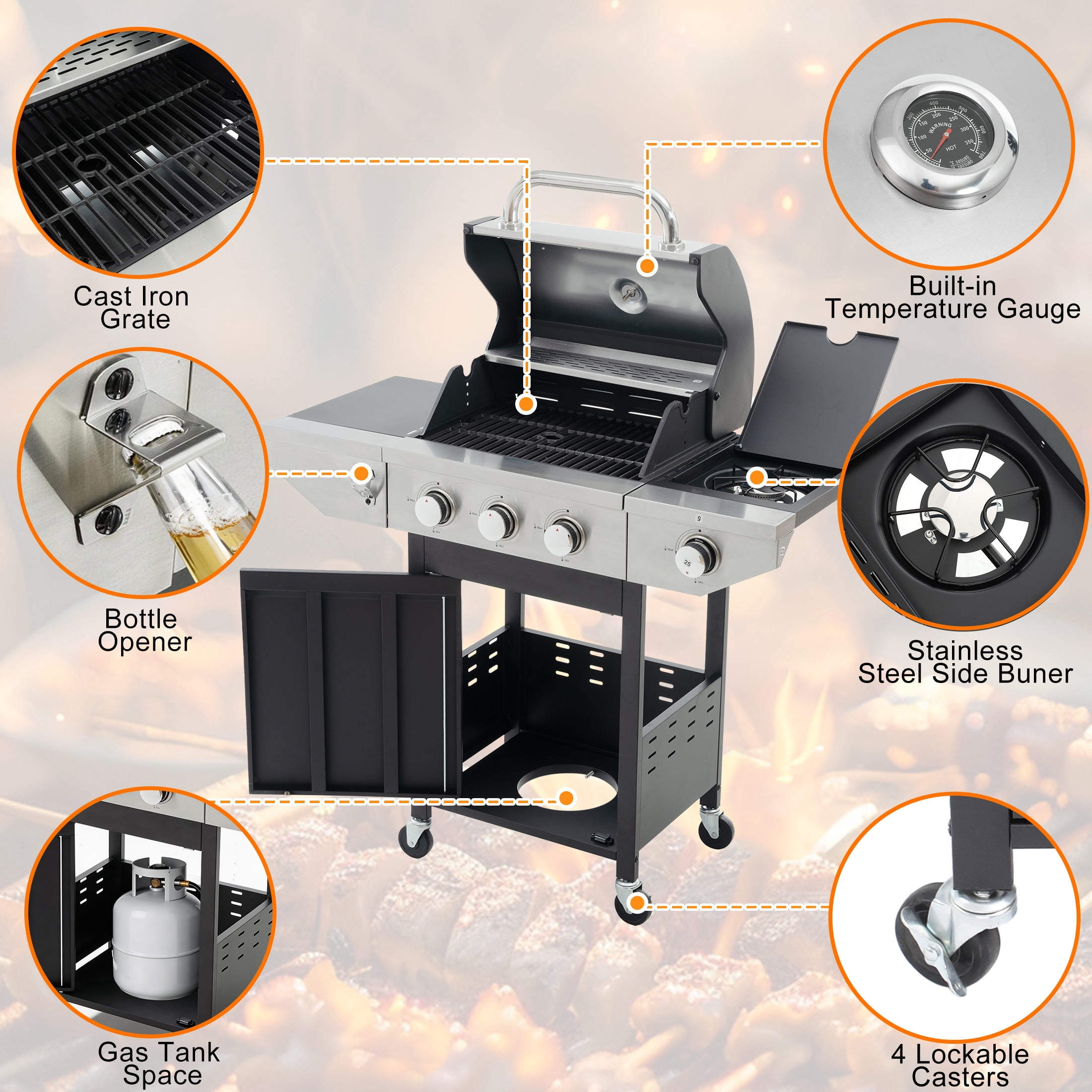 Enyopro 3 Burner Propane Gas Grill, 37,000BTU Stainless Steel BBQ Grill with Brush, Built-in Thermometer, 4 Universal Wheels for Outdoor Cooking Patio Backyard