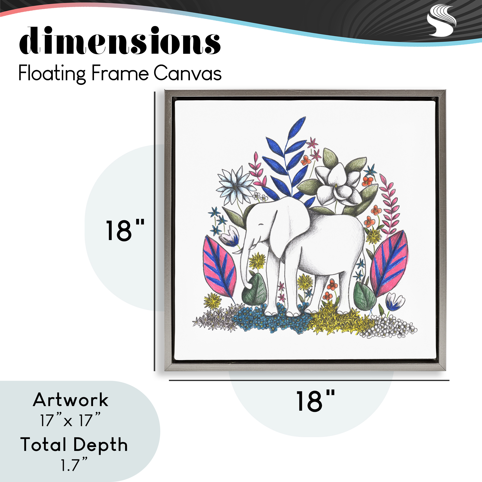 Elephant in Midst of Flowers Gray Framed Floater Canvas Wall Art, design by Cecilia Battaini