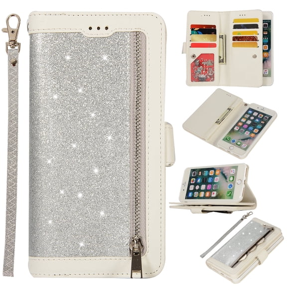 Zipper Wallet Case for iPhone 8 Plus iPhone 7 Plus 5.5-inch, Allytech Bling Glitter Leather Case with 9 Credit Card Holder Flip Magnetic Closure Stand Cover with Cash Pocket and Hand Strap, Silver