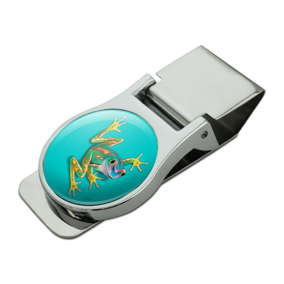 Big Tropical Rainbow Rainforest Tree Frog Satin Chrome Plated Metal Money Clip
