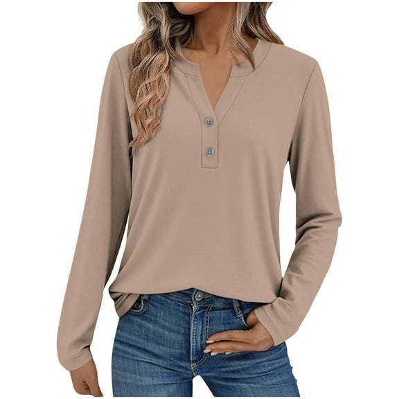 Womens Long Sleeve Shirts Casual V-Neck Button Blouses Tops Solid Color Lightweight Basic Loose Pullover Fall Winter Sweatshirts 2025 Clothes
