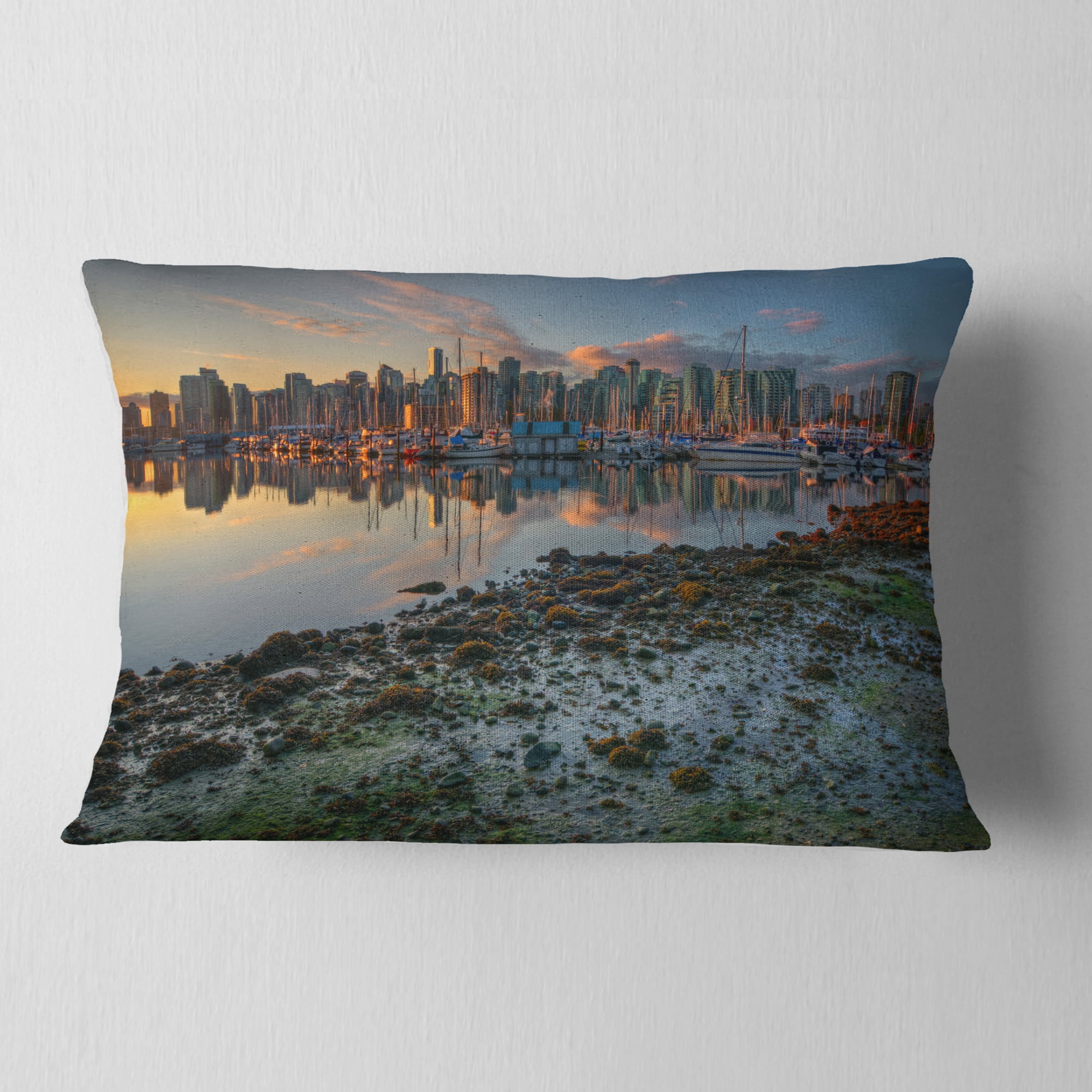Designart Beautiful Sunrise at Vancouver Downtown - Seashore Throw Pillow - 12x20