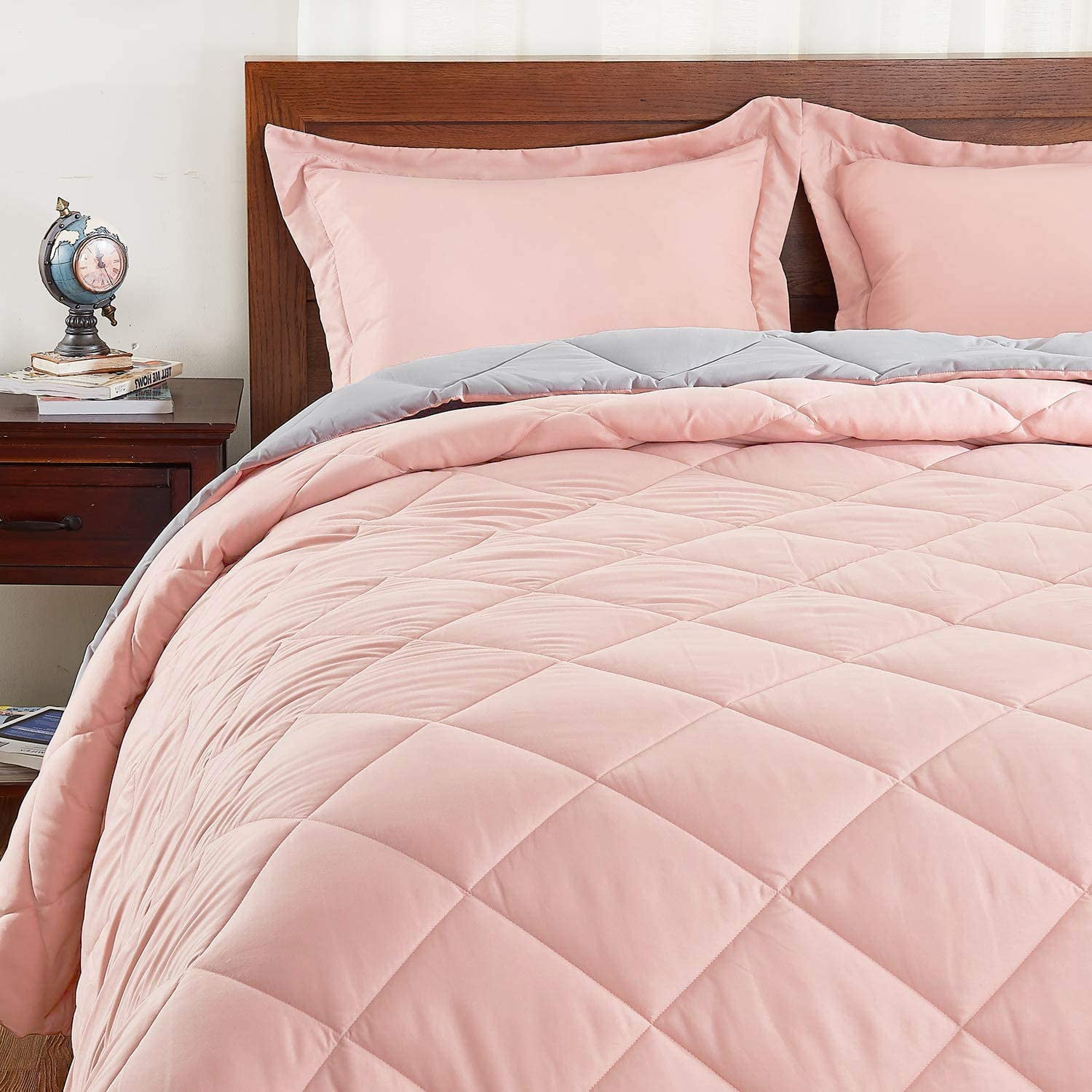 Reversible Bed Comforter for All Seasons with 1 Pillow Sham Basic Beyond Down Alternative Comforter Set Twin, Coral/Grey
