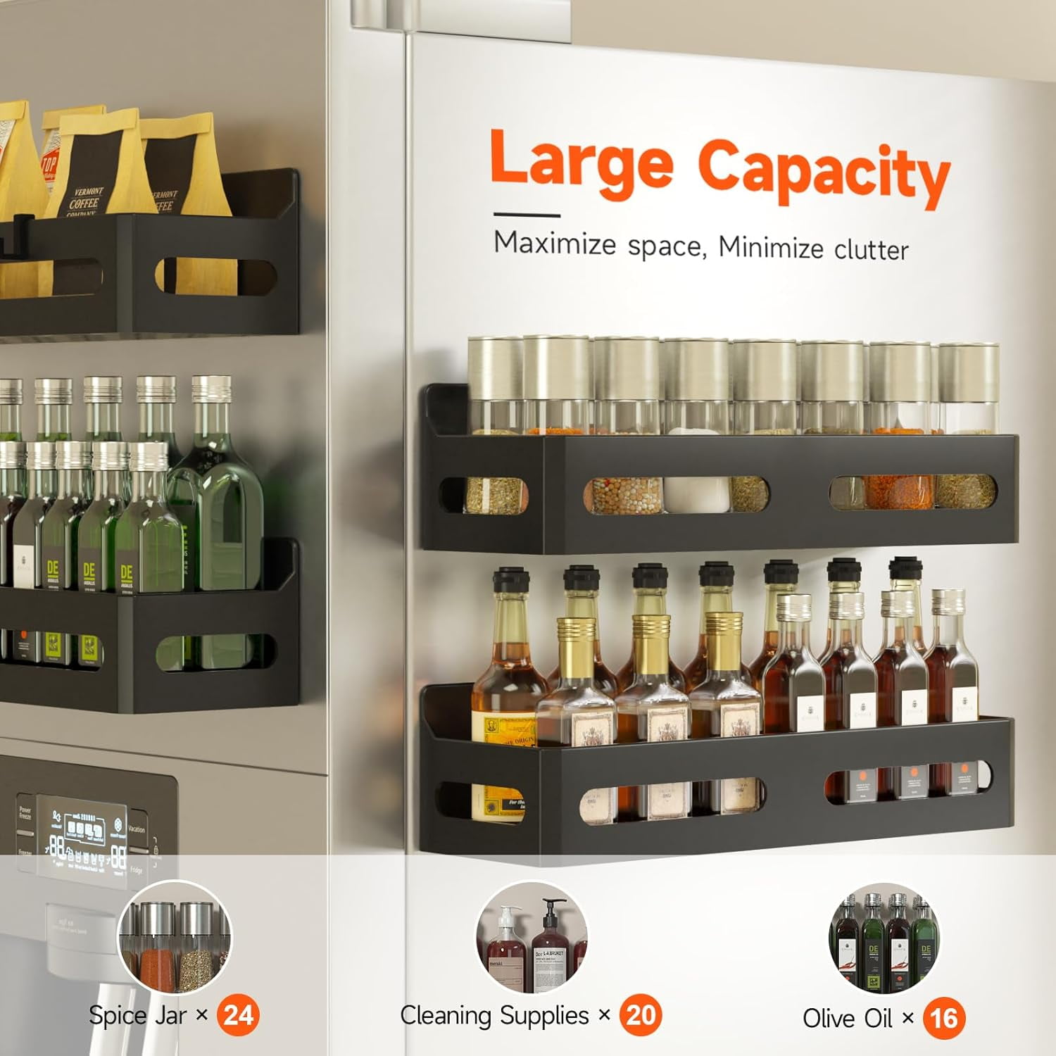 4 Pack Strong Magnetic Spice Rack for Refrigerator, Multipurpose Magnetic Shelf for Fridge with 4 Hooks for Kitchen and Bathroom Organization, Black