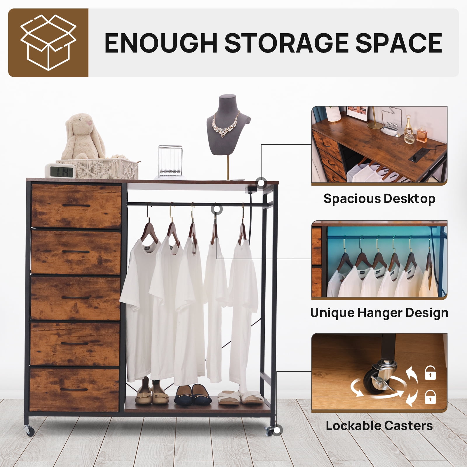 Walsport Dresser for Bedroom with Clothes Rack, 5 Drawers Dresser with Charging Station & LED Lights,Storage Chest of Drawers with Wheels, Wooden Top, Lockable Wheels, Bedroom, Closet(Brown)