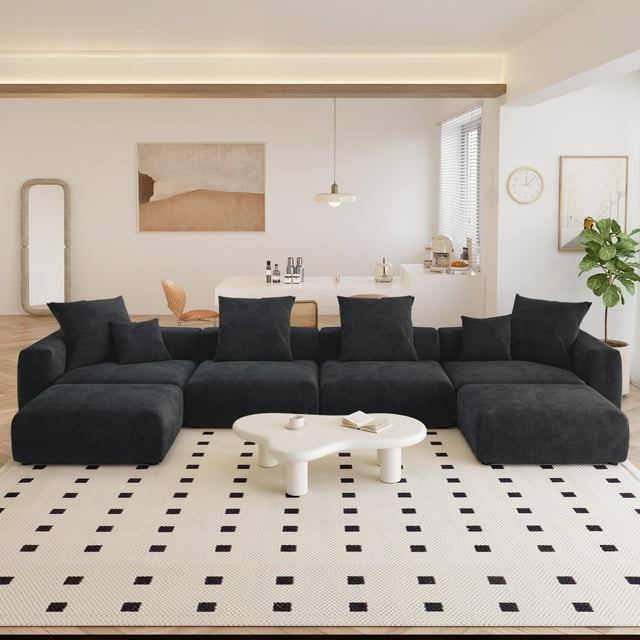The Magic Home Canapé Sectionnel Modulaire Convertible en Velours Côtelé en Forme de U à 4 Places, Noir
