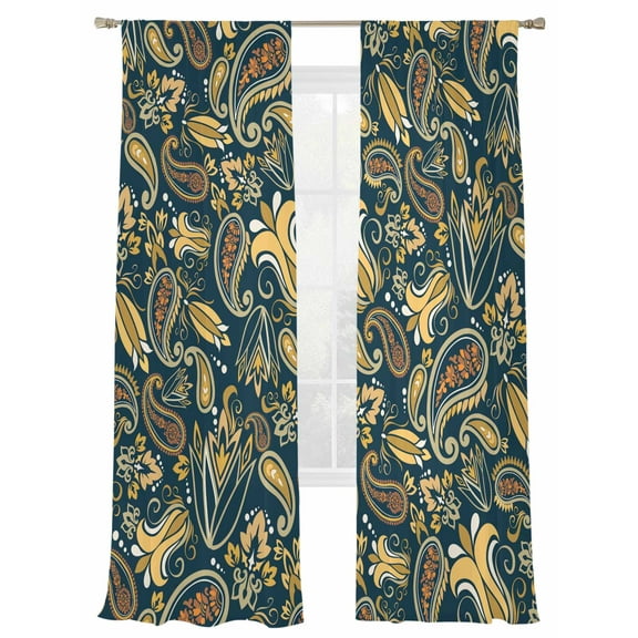 Paisley Sheer Curtains 108 Inch Long 2 Panels, Yellow Flowers Retro Abstract Floral Light Filtering Rod Pocket Semi Sheer Curtains, Sheer Voile Drapes for Living Room Bedroom, 52"x108"