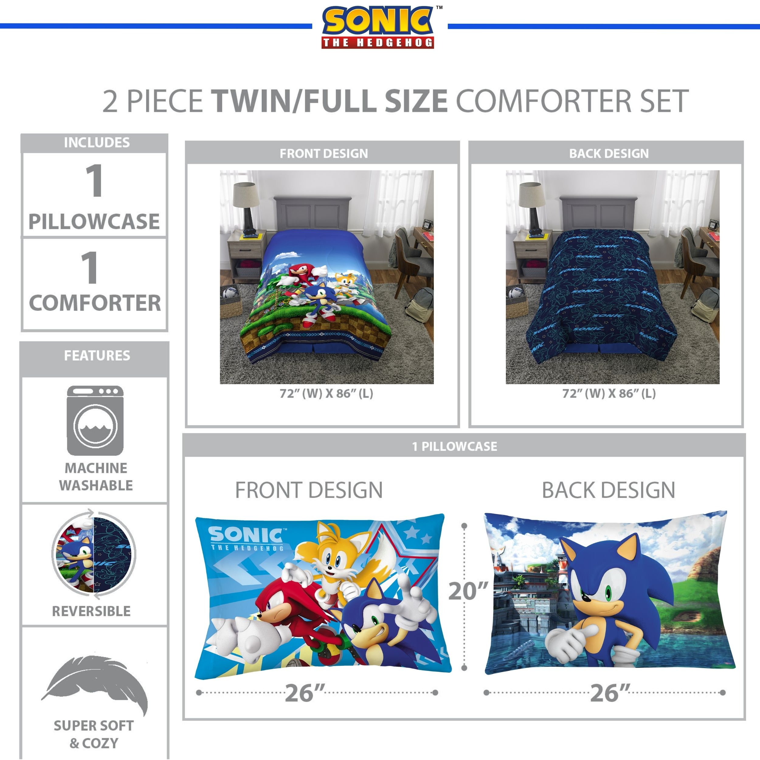 SEGA Sonic the Hedgehog Kids Reversible Comforter Set, Twin/Full photo 6
