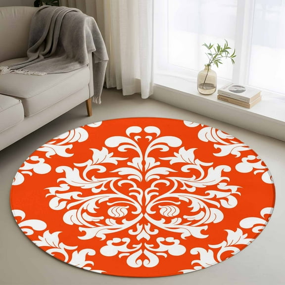 Baroque Red Round Rug 3ft Washable Circle Entryway Rugs Non Slip Vintage Damask Classic Floral Area Rug Indoor Floor Carpet for Bedroom Kitchen Living Room Home Office Dining Room Nursery