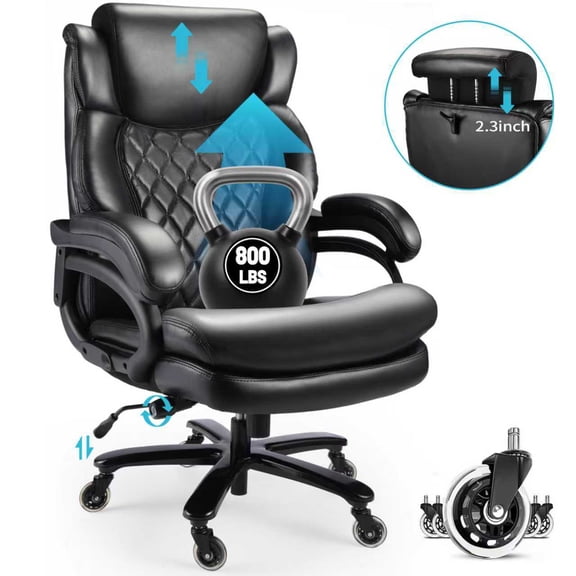 Qusaphy 800lb Heavy Duty Executive Chair, Leather Office Chair with Adjustable Lumbar Support & Headrest, Double-Layer Cushion Ergonomic Desk Chair