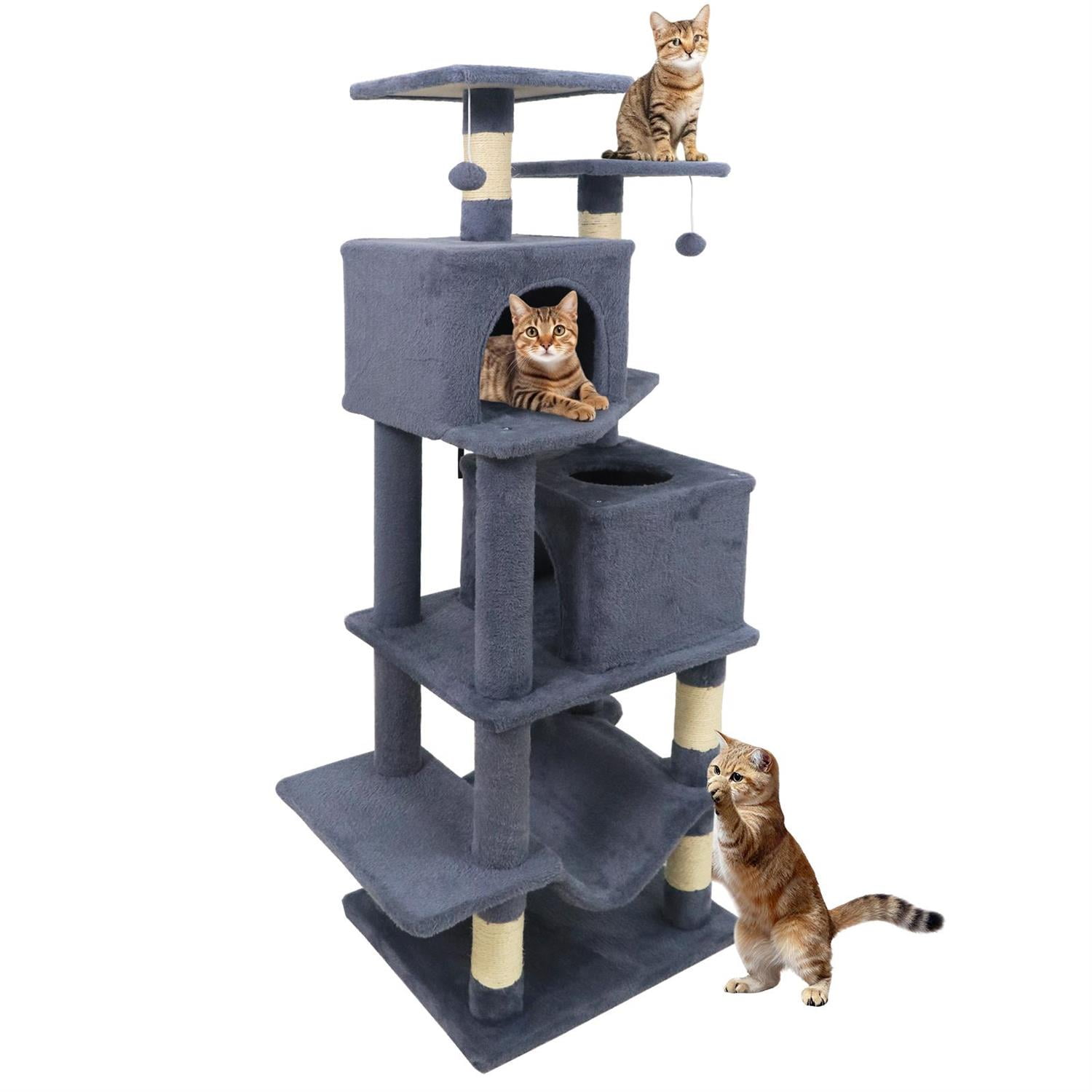 Pefilos 57" Cat Tree, Dual Condos & Hammock, 2 Dangling Balls & Sisal Scratching Posts, Gray