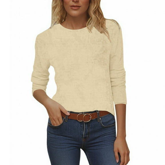 LIIPEE Women T-Shirts Solid Color 3/4 Sleeve Round Neck Tshirt Top Female Classic Casual Daily Wear Tee,Beige,L