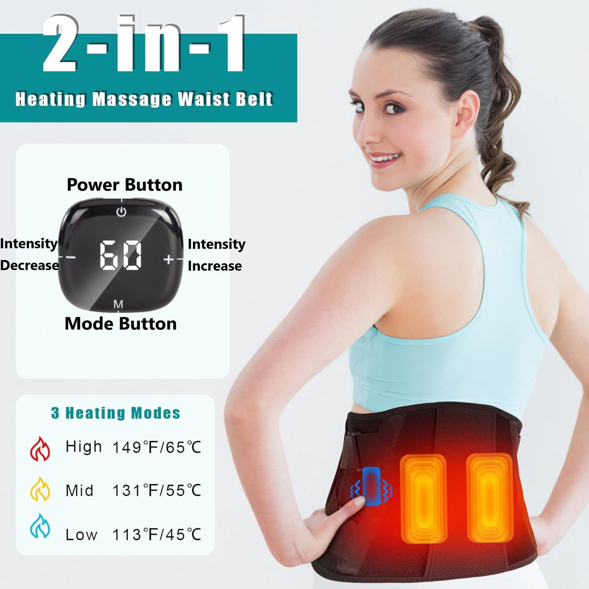 Pecham Cordless Heating Pad for Back, 60" Lower Back Massager Heated Back Support Brace with Heating, 3 Speed Massage, Gifts for Men Women - Black