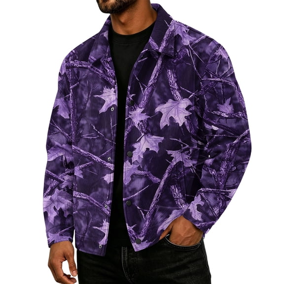 Havenx Camo Corduroy Jacket for Men Long Sleeve Button Down Shirts with Pockets Lapel Collar Camouflage Print Coat Vintage Casual Western Fall Winter Clothing,Purple 3XL