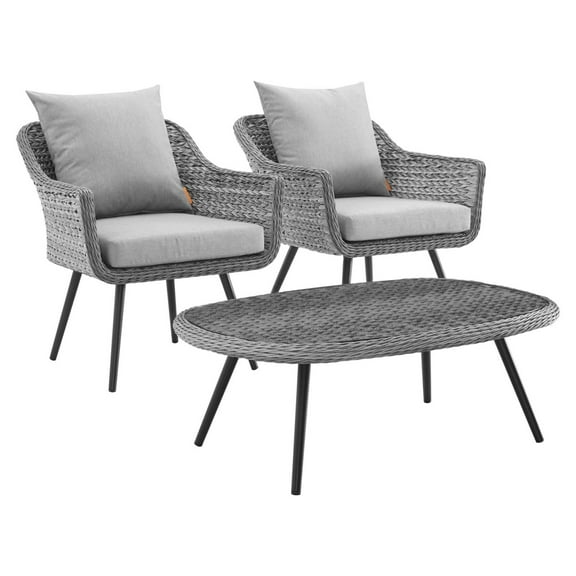 Modway Endeavor 3 Piece Outdoor Patio Wicker Rattan Armchair and Coffee Table Set in Gray Gray by Modway