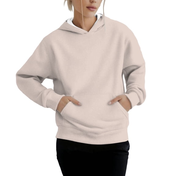 ManxiVoo Women's Casual Pullover Hoodie Soft Brushed Fleece Long Sleeve Comfort Fit Loungewear Streetwear Top L Size Beige
