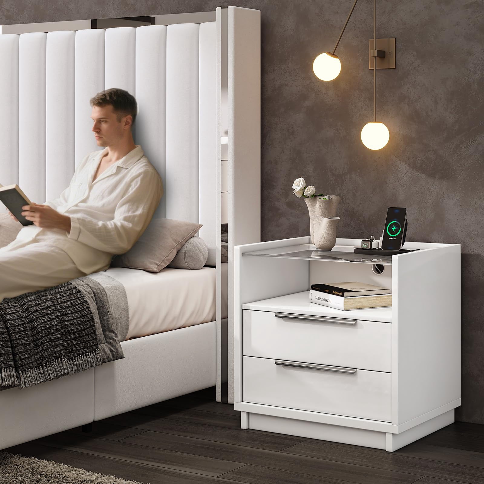 Papajet 23.6" Nightstand Set of 2, High Gloss End Table with Glass Tabletop, Modern Bedside Table with Charging Station for Bedroom, Cream & Gray