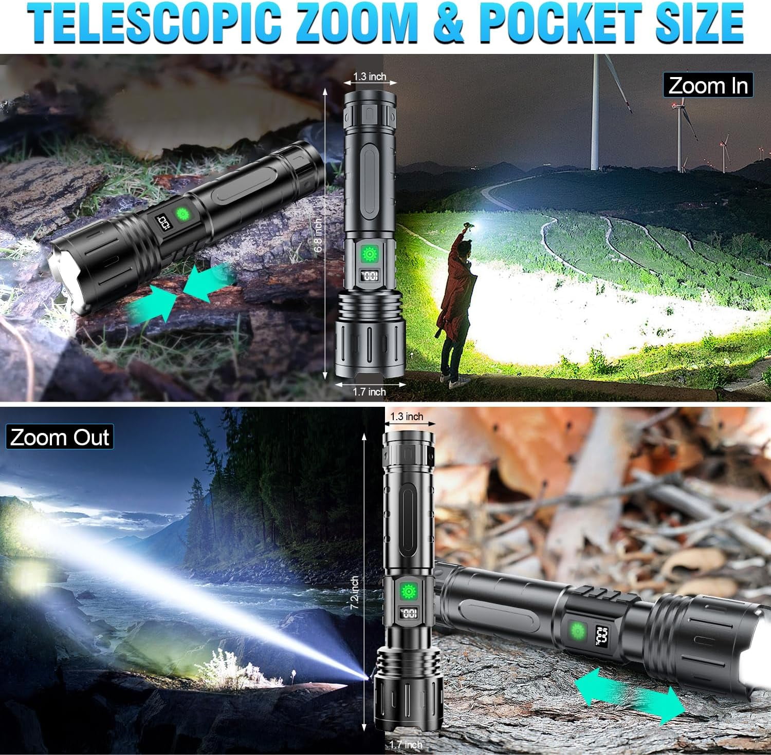 20000LM Super Bright Flashlight - 1500m Beam, USB Rechargeable, 5 Modes, IPX5, 20H Runtime, 2 Pack