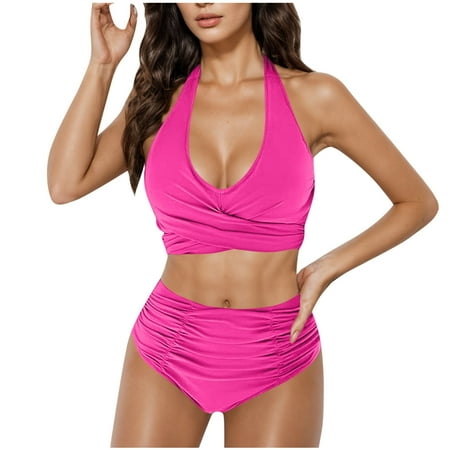 Generic Womens Two Piece Swimsuits Tummy Control Bathing Suits High Waisted Bikini Sets V Neck Crisscross Tie Back Swimwear
