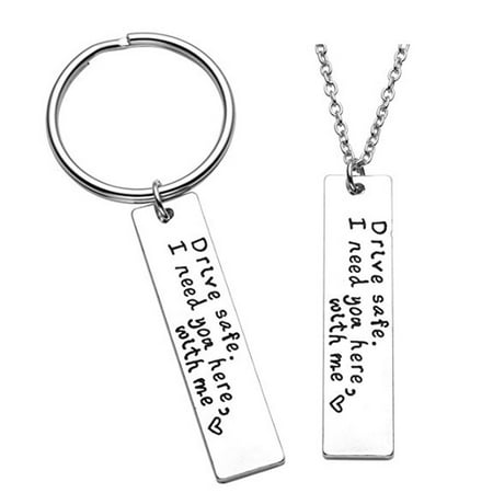 Personalized Mens Jewelry Drive Safe I Need You Here With Me Keychain and Necklace for Husband Dad Gifts Valentines Day Personalized Keychain ()