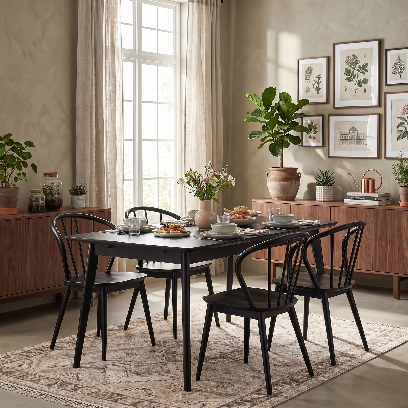 Furnibear Wooden Dining Chair Set of 2, High Spindle Back Kitchen Side Chairs with Wide Seat, Solid Rubber Wood Frame Armless Accent Chairs for Dining, Walnut Black