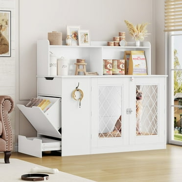 Homfa Dog Crate with Storage Cabinet and Feeding Station, Indoor Furniture Style Wooden Large Dog Kennel, White