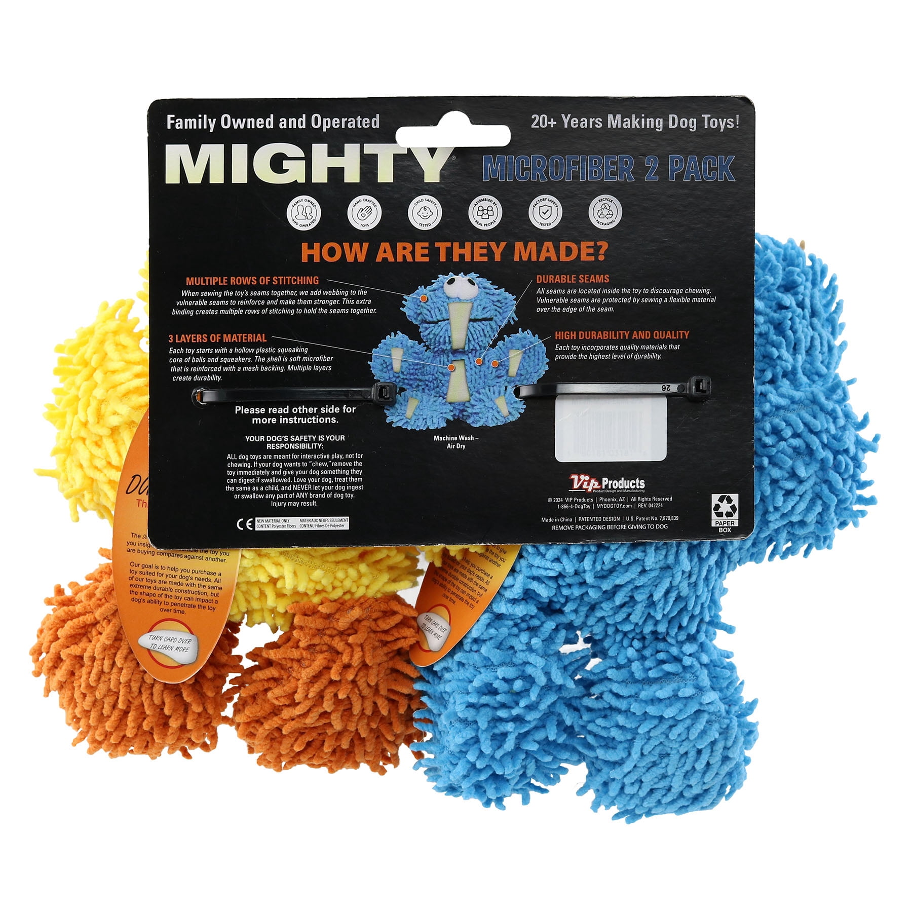 Mighty Jr Microfiber Ball Duck and Elephant, 2 Pack, Durable Squeaky Dog Toy