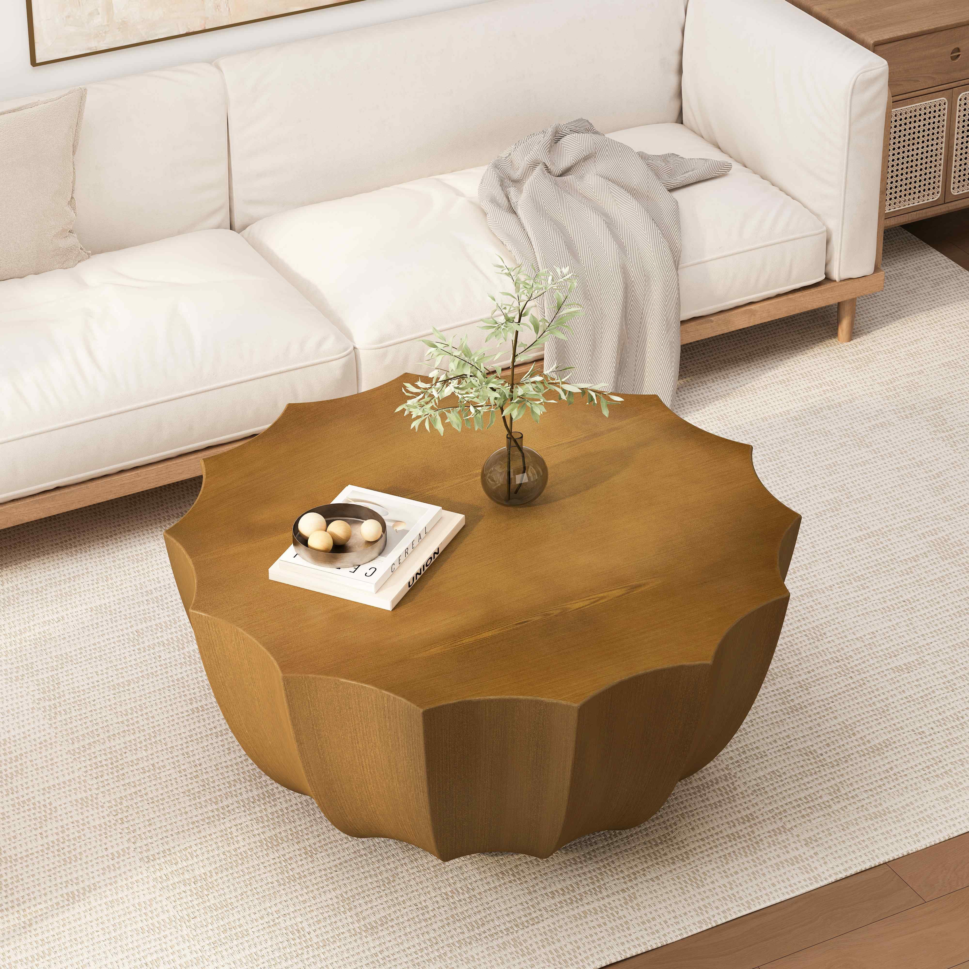 Lunale 35.43" Coffee Table for Indoor & Outdoor, Waterproof Durable MgO Cement Design, Wood Grain
