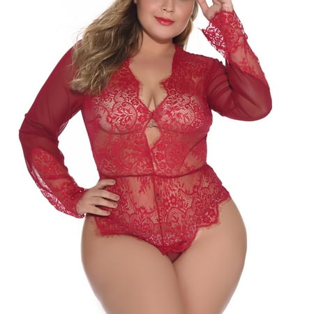 

Qcmgmg Teddy Deep V Lingerie for Women Sexy Chemise Sleepwear Babydoll Women Lace Eyelesh Nightgown Bodysuit Long Sleeve XL