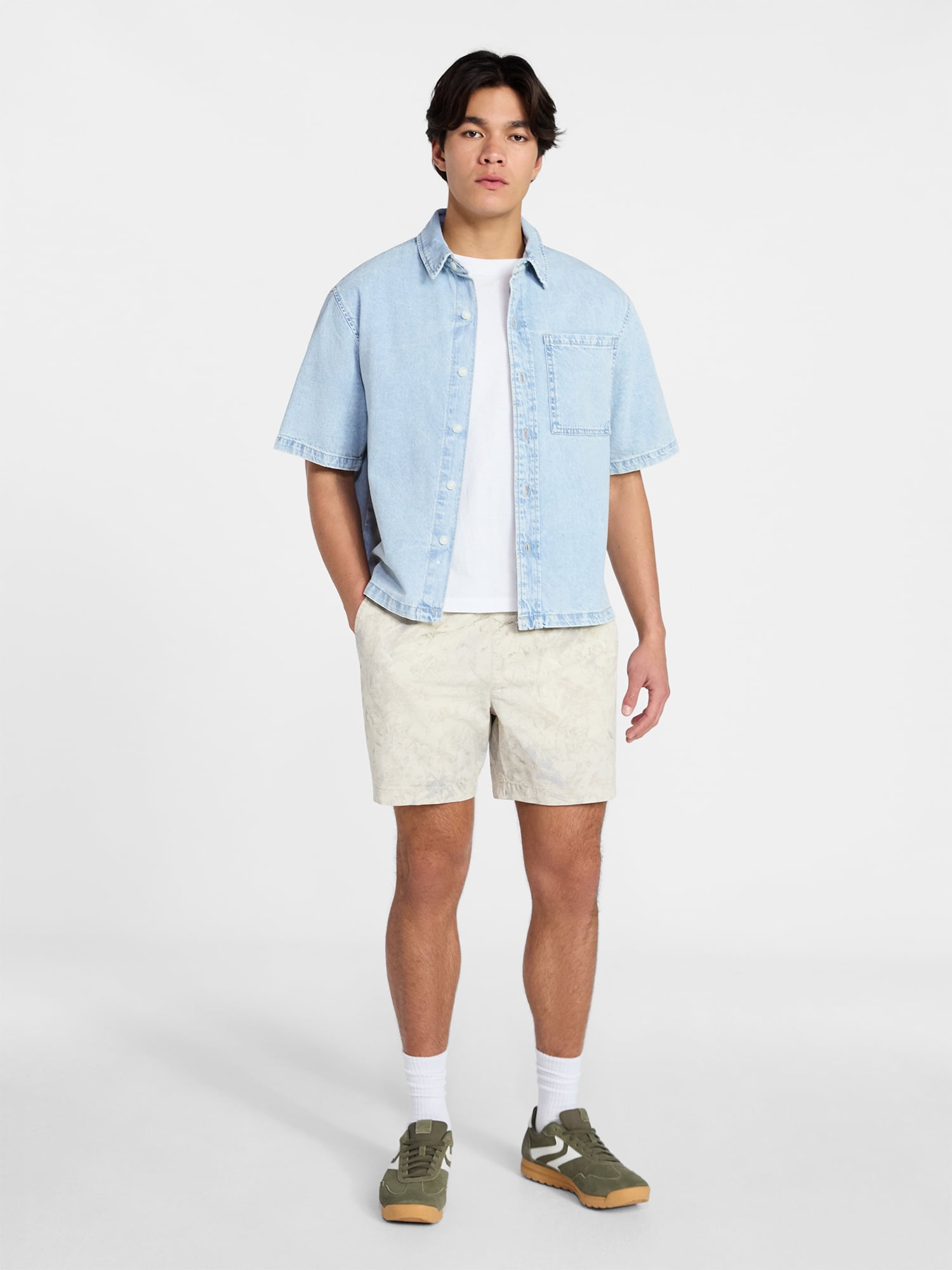 No Boundaries Denim Boxy Fit Shirt with Short Sleeves, Men's XS-4XLT